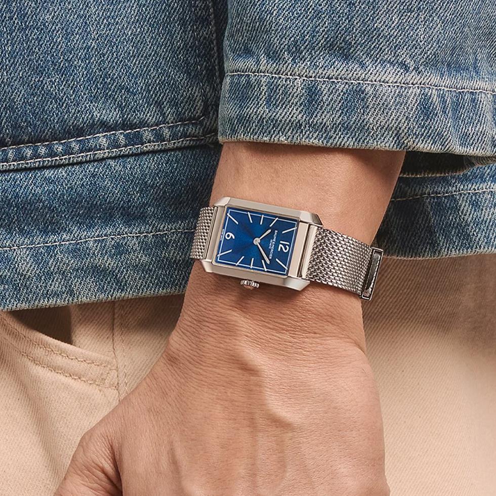 HAMPTON RETTANGOLARE MEDIO MODELLO SOLO TEMPO QUARZO QUADRANTE BLUE - BAUME & MERCIER