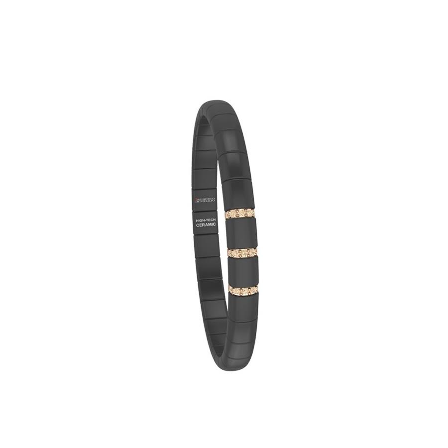 BRACCIALE PURA GRANDE IN CERMANICA NERA SATINATA CON 3 BARRETTE DIAMANTI BROWN ORO ROSA ALTERNATE - ROBERTO DEMEGLIO