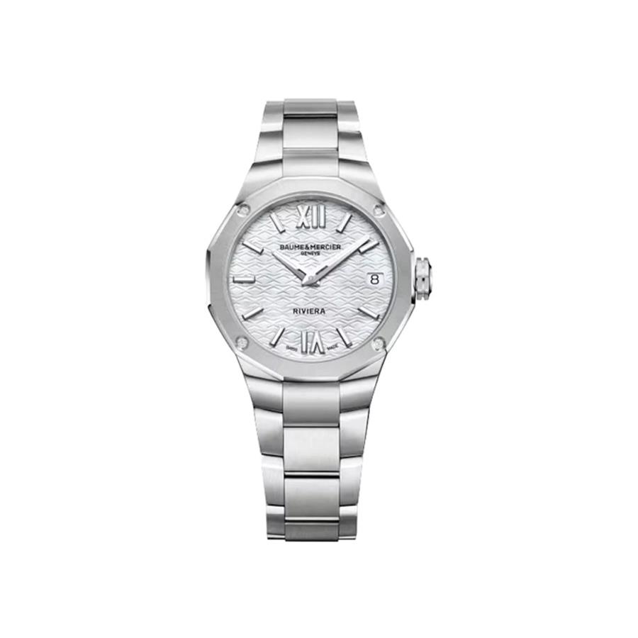 OROLOGIO RIVIERA IN ACCIAIO, DONNA, QUARZO, QUADRANTE MADREPERLA, CASSA 33 MM - 4 BRILL KT 0.06 - BAUME & MERCIER