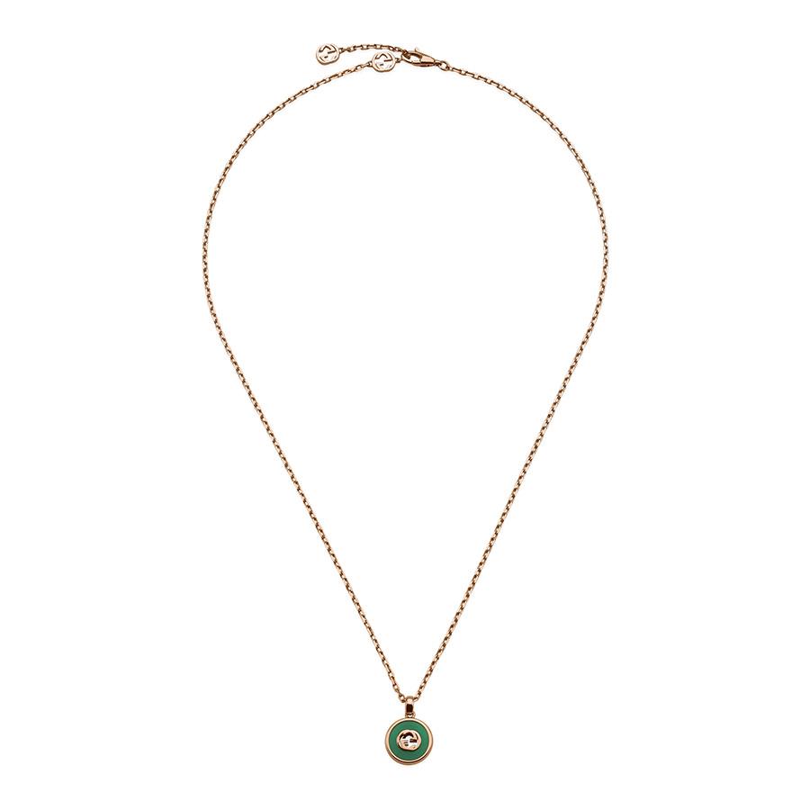 GUCCI INTERLOCKING - COLLANA IN ORO ROSA CON CIONDOLO IN AGATA VERDE E DIAMANTI - GUCCI FINE JEWELRY