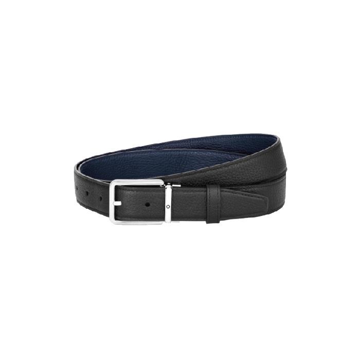 FIBBIA RETTANGOLARE ARROTONDATA FINITURA PALLADIO LUCIDO. CINGHIA AUTO-REGOLABILE, 3,2 CM X 120 CM, REVERSIBILE IN PELLE GRANULATA NERA E BLU - MONTBLANC