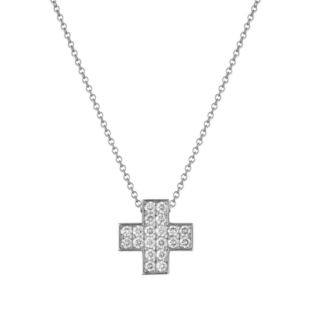 COLLANA IN ORO BIANCO 18 KT CROCE GRANDE CON DIAMANTI KT 0.45 - GR 3.14 - BUONOCORE