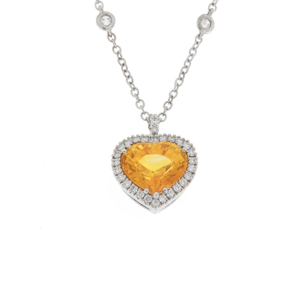 Collana in oro bianco con spot diamanti e ciondolo con Zaffiro  Giallo naturale taglio Cuore   kt 2.74 e diamanti kt 0.29 - CEDRO