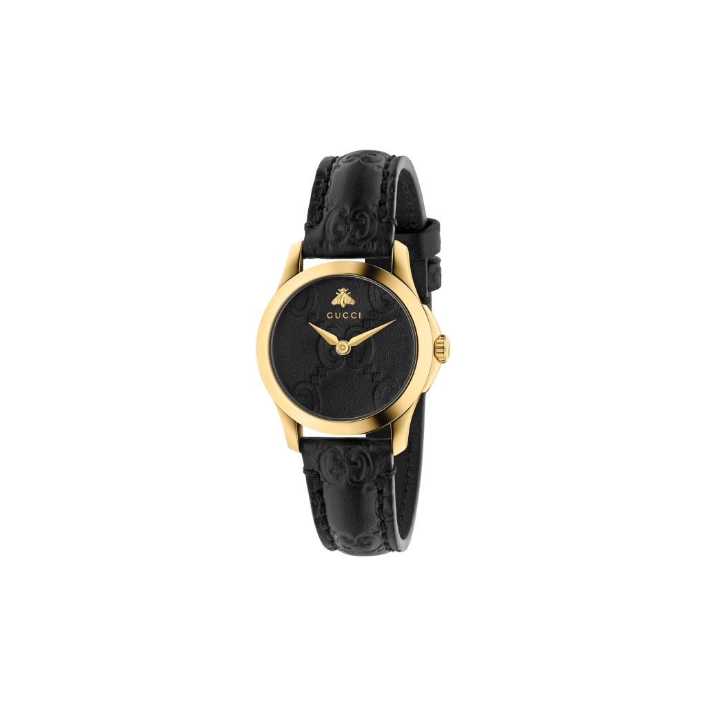 G-TIMELESS 27 MM CASSA DORATA, QUADRANTE E CINTURINO IN PELLE NERA - GUCCI TIMEPIECES