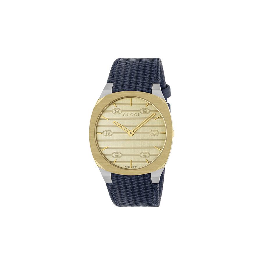 GUCCI 25H - CASSA MULTISTRATO DA 38 MM IN ACCIAIO INOX CON PLACCATURA IN ORO 18 CARATI, QUADRANTE IN OTTONE COLOR ORO CON INCROCIO GG, CINTURINO IN PELLE BLU - GUCCI TIMEPIECES