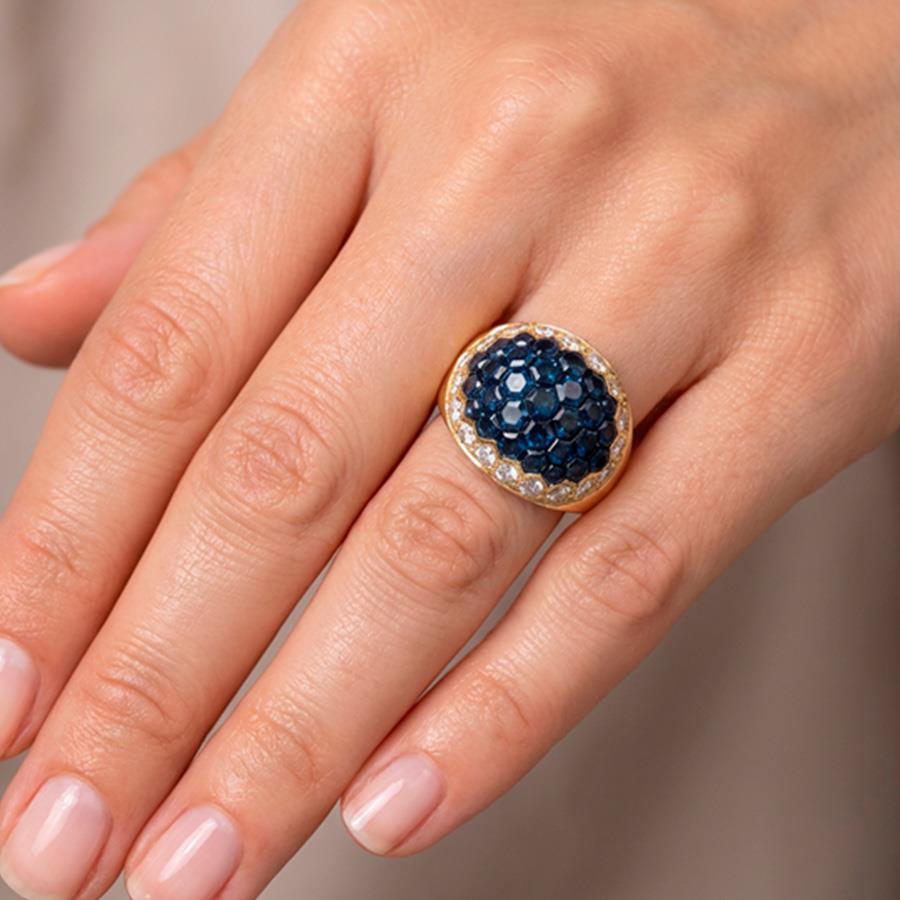 ANELLO IN ORO GIALLO 18 KT CON ZAFFIRI TIFFANY PENTAGONALI KT 7.30 E DIAMANTI BRILL 0.80 - CEDRO