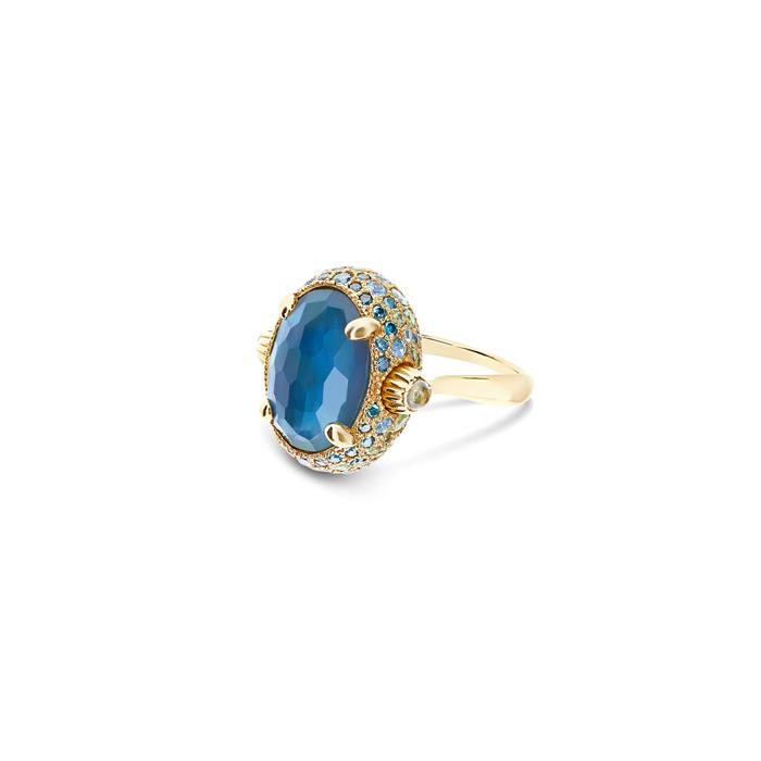 ANELLO CON TOPAZI BLU 0.44 DIAMANTI BLU 0.53 TOPAZIO LONDON 7.65 TOPAZIO BLUE SWISS 2.92 ZAFFIRO VERDE 1.57 IN ORO GIALLO - NANIS