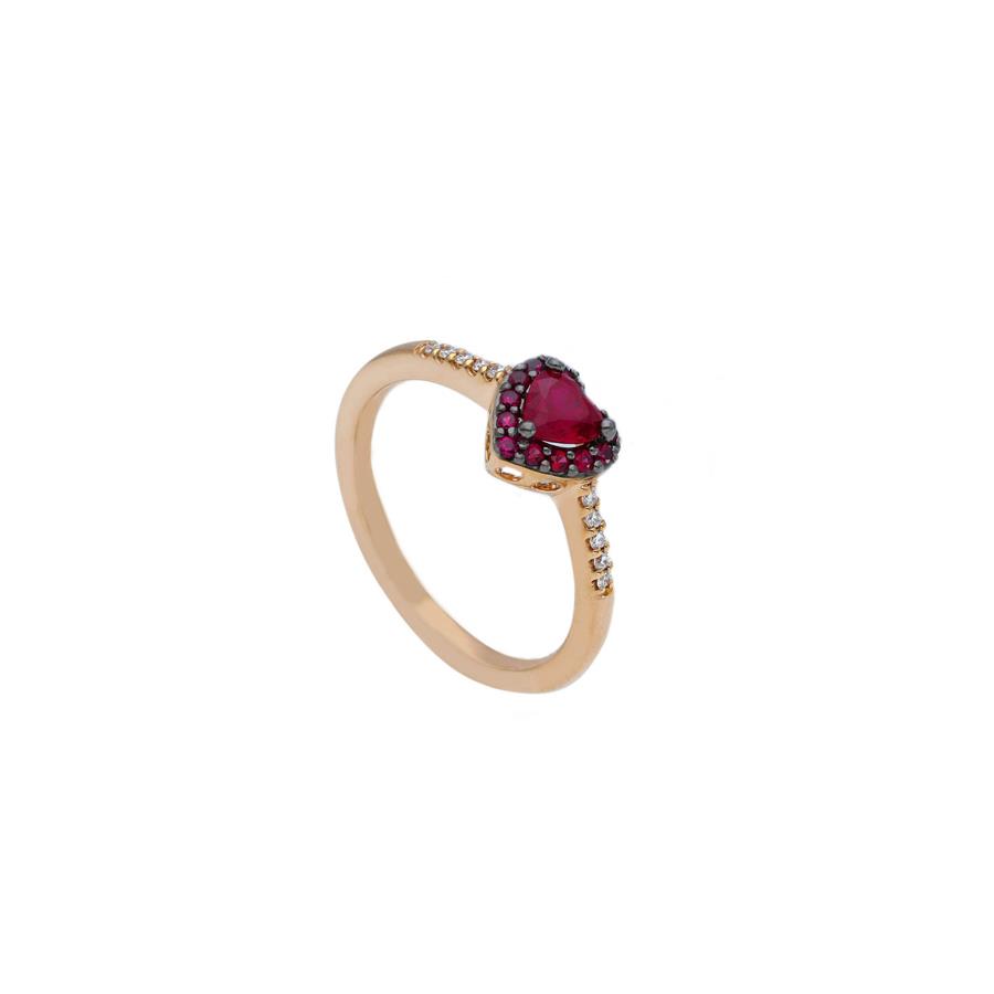 ANELLO ORO ROSA CON CUORE RUBINI + GIRO RUBINI - KT 0.42 - DIAMANTI 0.05 - CEDRO