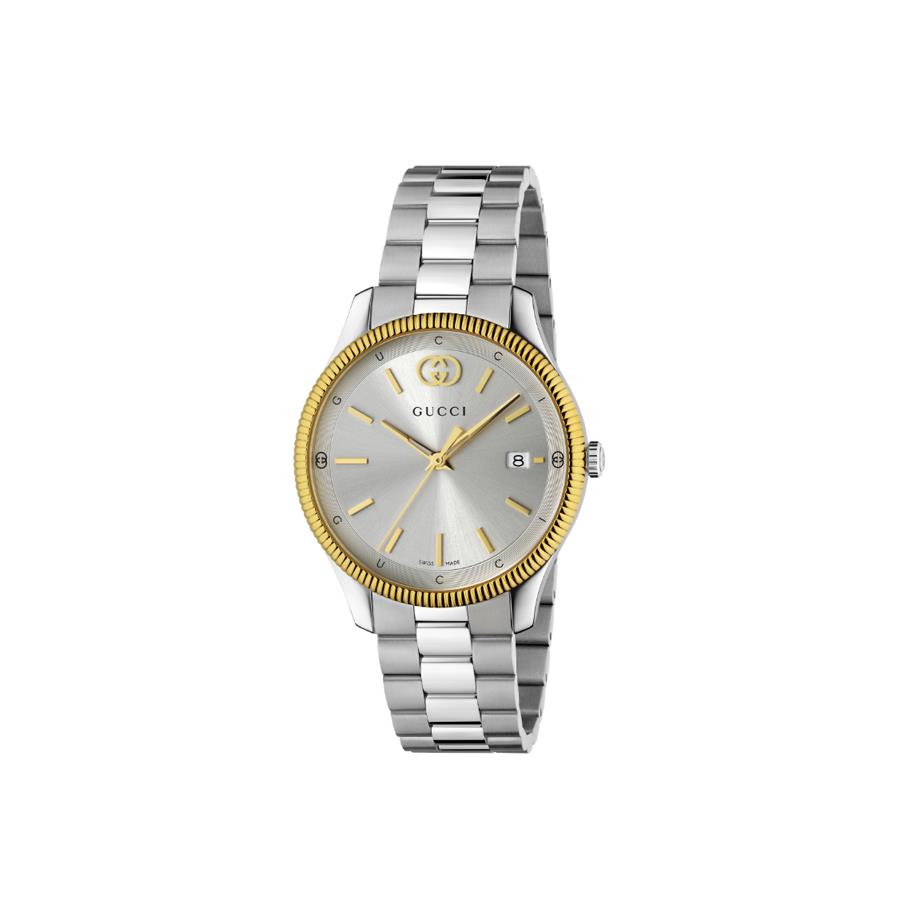 G-TIMELESS - CASSA IN ACCIAIO INOX DA 38 MM CON LUNETTA PLACCATA IN ORO GIALLO, QUADRANTE TONALITÀ ARGENTO CON INCROCIO GG, DATA A ORE 3 E CINTURINO IN ACCIAIO INOX - GUCCI TIMEPIECES