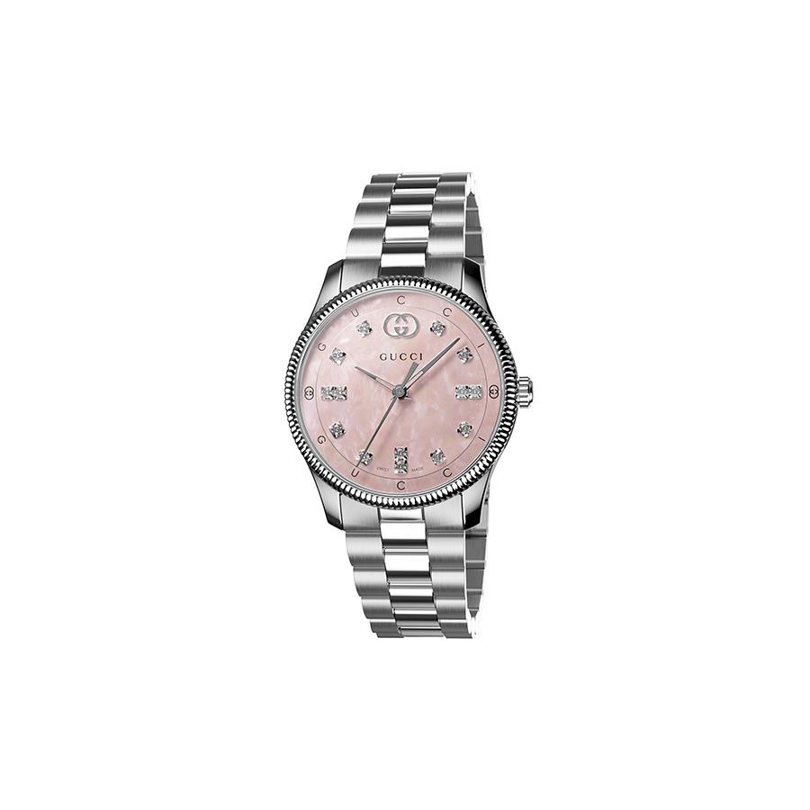 G-TIMELESS - CASSA IN ACCIAIO INOX DA 29 MM, QUADRANTE IN MADREPERLA ROSA CON DETTAGLI INCROCIO GG E SCRITTA GUCCI, INDICI DIAMANTATI, BRACCIALE IN ACCIAIO INOX - GUCCI TIMEPIECES