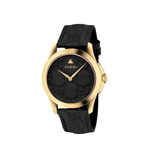 GUCCI SIGNATURE 38 MM QUARZO DORATO QUADRANTE E CINTURINO IN PELLE  NERA - GUCCI TIMEPIECES