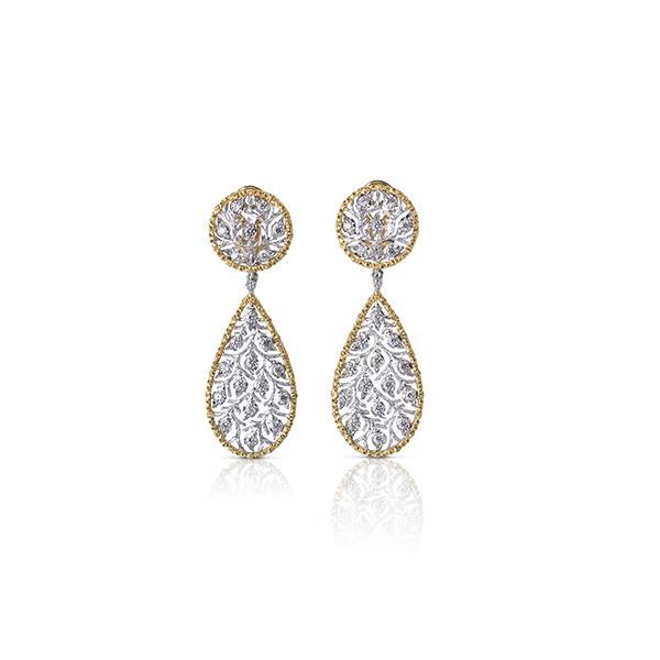 COLLEZIONE  RAMAGE: PENDENTE A GOCCIA IN ORO BIANCO TRAFORATO E DIAMANTI KT 1.18, CON BORDI IN ORO GIALLO MODELLATI A FOGLIA - BUCCELLATI GIOIELLI