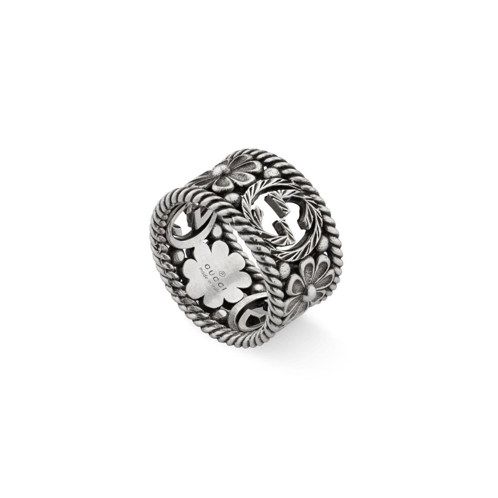 ANELLO CON MOTIVO GG E MOTIVO FIORE IN ARGENTO ANTICATO MISURA 16 - GUCCI SILVER JEWELRY