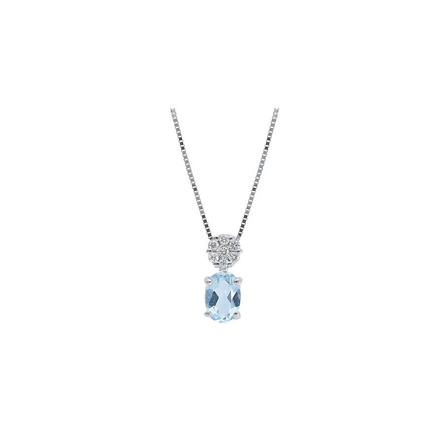 COLLANA ORO BIANCO 18 KT - ACQUAMARINA TAGLIO OVALE 0.41 KT E DIAMANTI 0.05 KT  - SONGA LJ