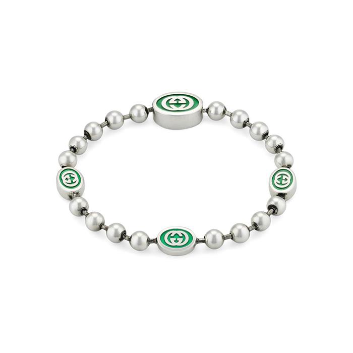 BRACCIALE BOULE CHAIN IN ARGENTO SEMI LUCIDO  E SMALTO VERDE - MIS 16 - GUCCI SILVER JEWELRY