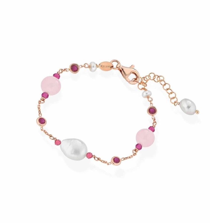 BRACCIALE IN ARGENTO GIALLO, GIADA ROSA, ZIRCONI COLORATI E PERLE D’ACQUA DOLCE - LE LUNE GLAMOUR