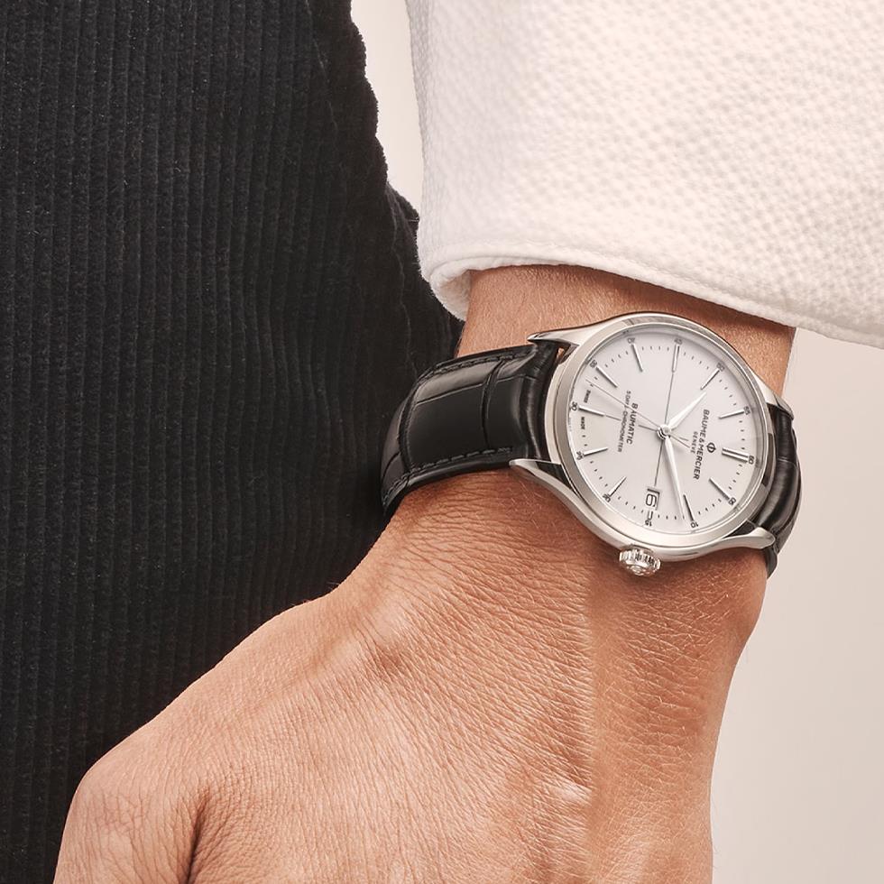 CLIFTON ACCIAIO, AUTOMATIO BAUMATIC CERTIFICATO COSC, CASSA 40MM, QUADRANTE BIANCO, CINTURINO PELLE DI ALLIGATORE - BAUME & MERCIER
