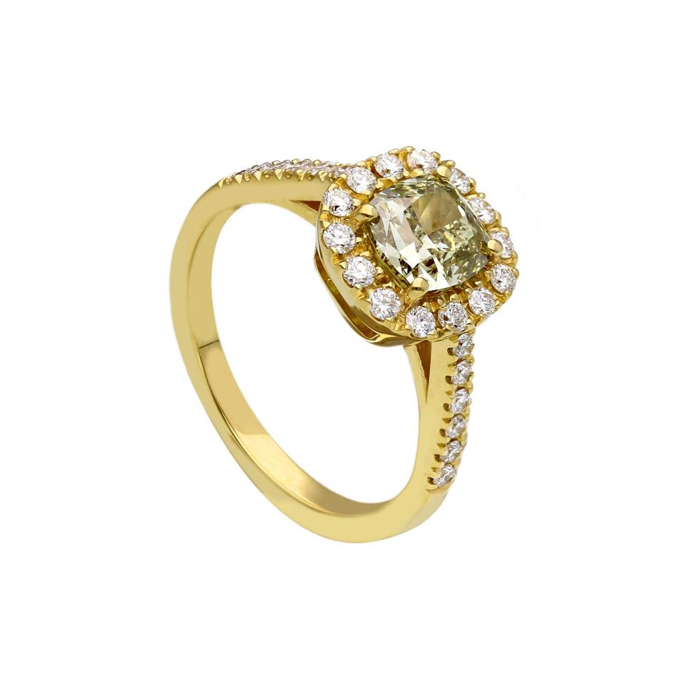 Anello solitario in oro giallo con diamante centrale taglio Cushion fancy color kt 1.21, contorno diamanti kt 0.38 G SI - CEDRO