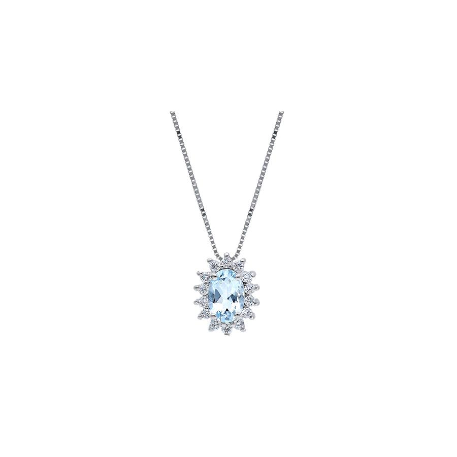 COLLANA ORO BIANCO 18 KT - ACQUAMARINA TAGLIO OVALE 0.39 KT E DIAMANTI 0.12 KT - CEDRO