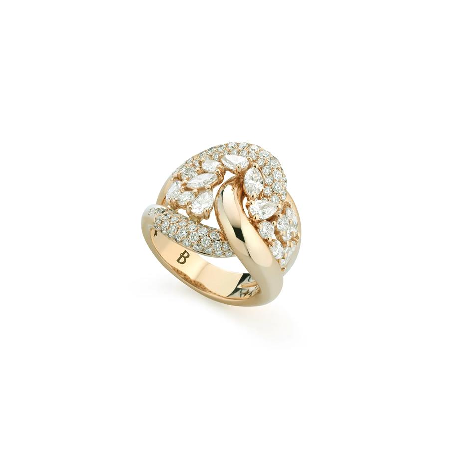 ANELLO NODO IN ORO GIALLO 18 KT CON DIAMANTI DI VARIO TAGLIO - BRILLANTE 1.35 - NAVETTE 0.79 - GOCCIA 0.69 - BUONOCORE