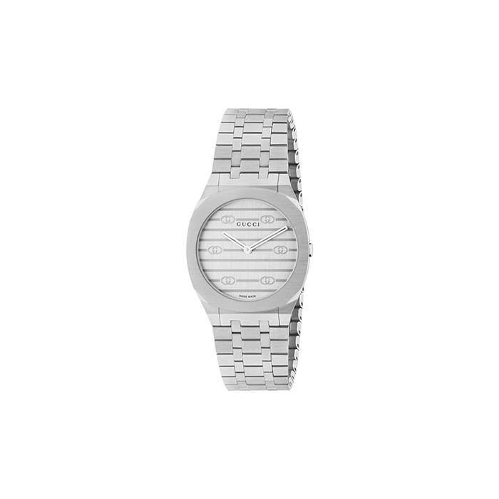 GUCCI 25H - CASSA SFACCETTATA DI 30 MM IN ACCIAIO INOSSIDABILE, QUADRANTE IN OTTONE COLOR ARGENTO CON MOTIVO INCROCIO GG, CINTURINO IN ACCIAIO INOSSIDABILE A CINQUE MAGLIE - GUCCI TIMEPIECES