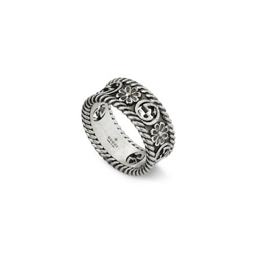 ANELLO CON MOTIVO GG E MOTIVO FIORE IN ARGENTO ANTICATO MISURA 12 - GUCCI SILVER JEWELRY