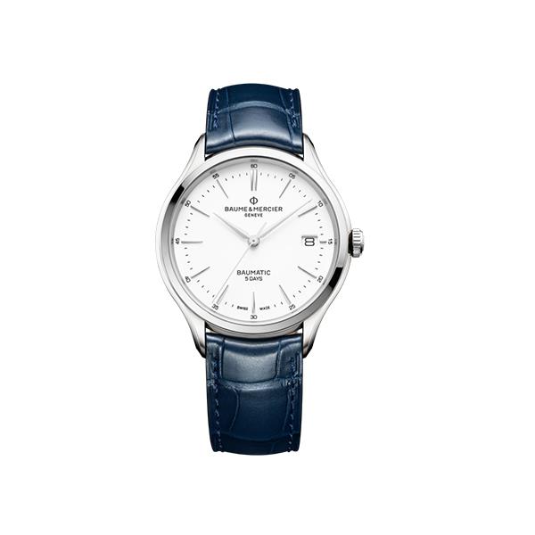 CLIFTON BAUMATIC 40 MM, CASSA IN ACCIAIO, QUADRANTE BIANCO, CINTURINO IN ALLIGATORE BLUE - BAUME & MERCIER