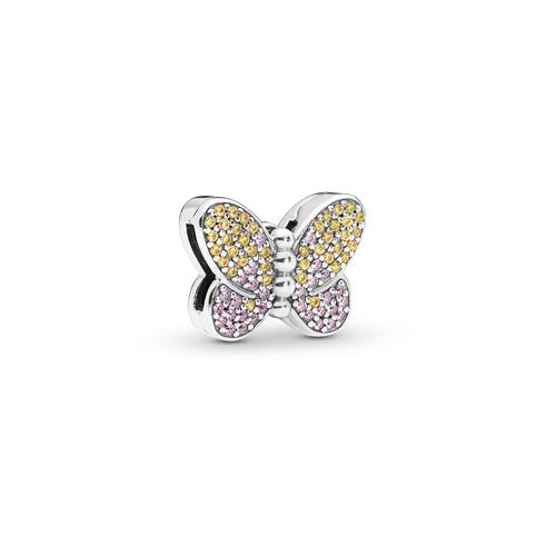 PANDORA REFLEXIONS BUTTERFLY SILVER CLIP CHARM WITH HONEY CUBIC ZIRCONIA AND ROSE PINK CRYSTAL - PANDORA