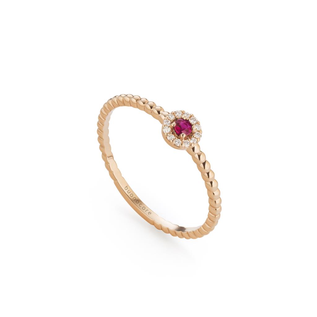ANELLO IN ORO ROSA 18 KT CON DIAMANTI BIANCHI E RUBINO - DIAM 0.05 - RUB 0.05 - BUONOCORE