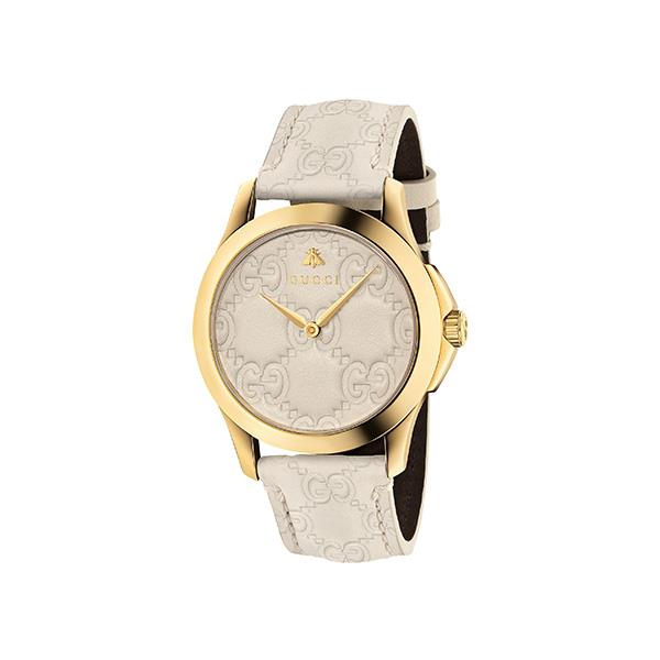 G-TIMELESS CASSA DORATA, QUADRANTE E CINTURINO IN PELLE BIANCA - GUCCI TIMEPIECES
