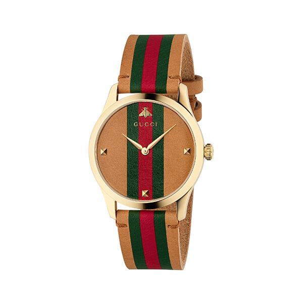G-TIMELESS CONTEMPORARY - CASSA IN PVD ORO GIALLO, QUADRANTE E CINTURINO IN PELLE MARRONE CHIARO CON WEB VERDE E ROSSO - GUCCI TIMEPIECES