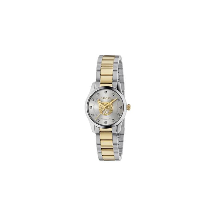 G-TIMELESS ICONIC - CASSA IN ACCIAIO, QUADRANTE ARGENTO SPAZZOLATO SOLEIL CON TESTA DI FELINO IN PVD ORO GIALLO E INDICI CON DIAMANTI, BRACCIALE IN ACCIAIO E PVD ORO GIALLO - GUCCI TIMEPIECES
