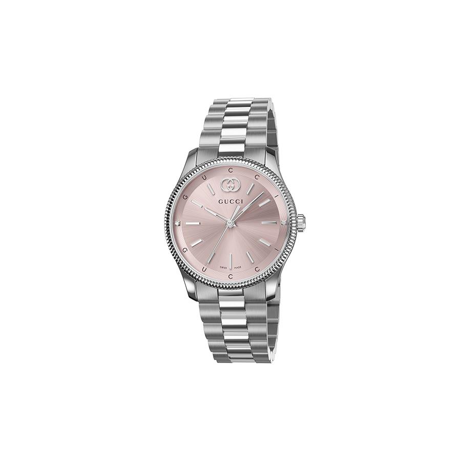 G-TIMELESS CASSA IN ACCIAIO INOX DA 29 MM, QUADRANTE ROSA CON DUE DIAMANTI, DETTAGLI INCROCIO GG E SCRITTA GUCCI, BRACCIALE IN ACCIAIO INOX - GUCCI TIMEPIECES