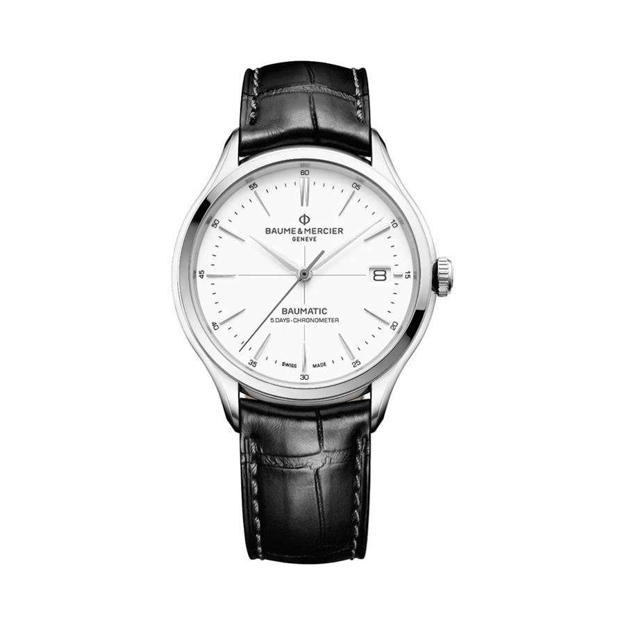CLIFTON ACCIAIO, AUTOMATIO BAUMATIC CERTIFICATO COSC, CASSA 40MM, QUADRANTE BIANCO, CINTURINO PELLE DI ALLIGATORE - BAUME & MERCIER
