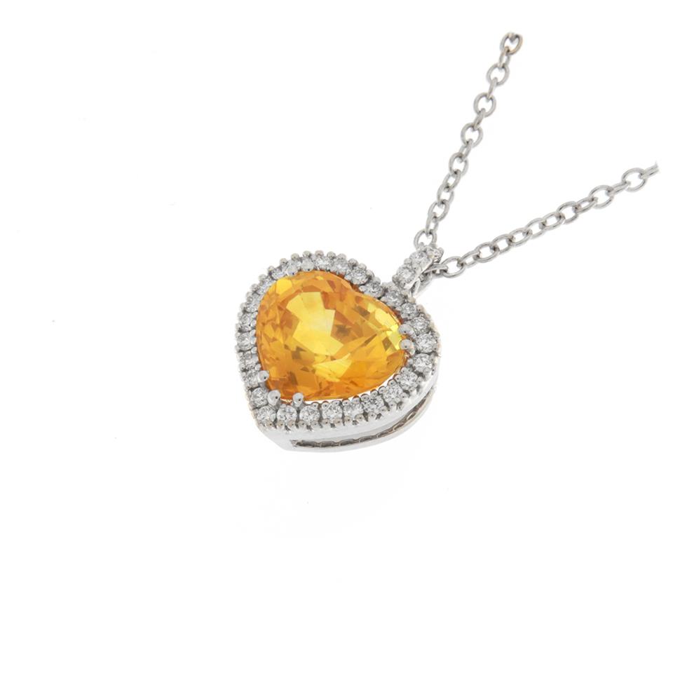Collana in oro bianco con spot diamanti e ciondolo con Zaffiro  Giallo naturale taglio Cuore   kt 2.74 e diamanti kt 0.29 - CEDRO