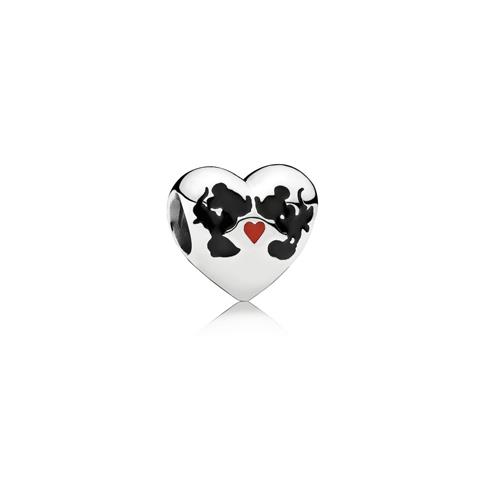 DISNEY MINNIE & MICKEY HEART SILVER CHARM WITH BLACK AND RED ENAMEL - PANDORA