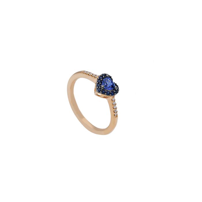 ANELLO IN ORO ROSA CON CUORE ZAFFIRO E CONTORNO ZAFFIRI KT TOT 0.54- DIAMANTI  KT 0.05 - SONGA LJ