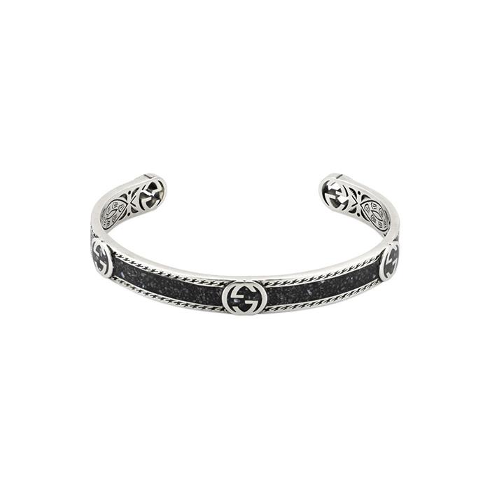 BRACCIALE IN ARGENTO SEMI LUCIDO E SMALTO GRANIGLIA NERO - MIS 19 - GUCCI SILVER JEWELRY