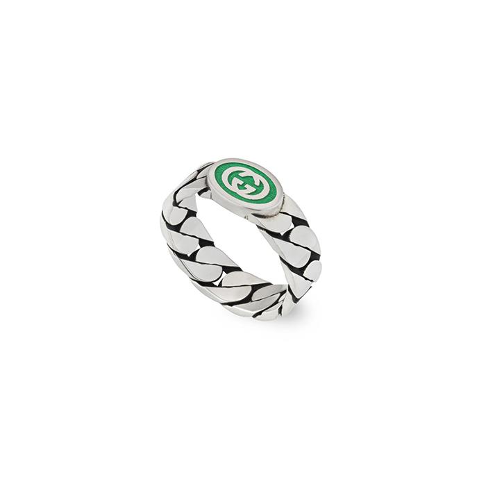 ANELLO GG INTERLOCKI IN ARGENTO SEMI LUCIDO E SMALTO VERDE - MIS 14 - GUCCI SILVER JEWELRY