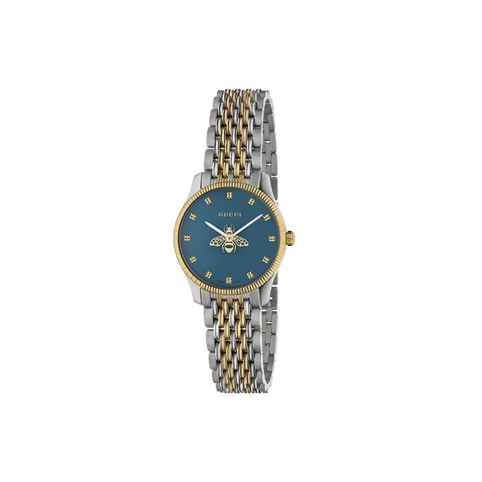 G-TIMELESS - CASSA IN ACCIAIO E PVD ORO GIALLO, QUADRANTE BLU CON LANCETTA DEI SECONDI A FORMA DI APE, BRACCIALE IN ACCIAIO E PVD ORO GIALLO A 9 MAGLIE - GUCCI TIMEPIECES