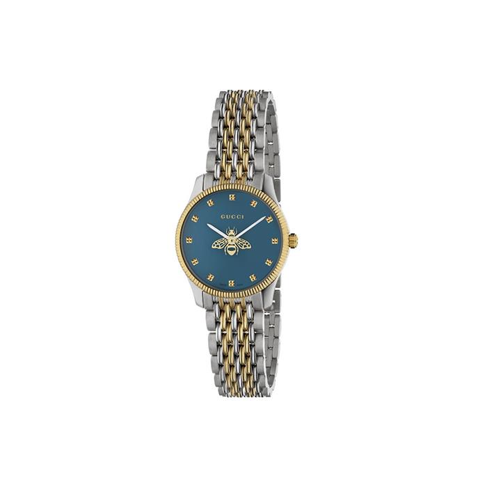 G-TIMELESS SLIM - CASSA IN ACCIAIO E PVD ORO GIALLO, QUADRANTE BLU CON LANCETTA DEI SECONDI A FORMA DI APE, BRACCIALE IN ACCIAIO E PVD ORO GIALLO A 9 MAGLIE - GUCCI TIMEPIECES