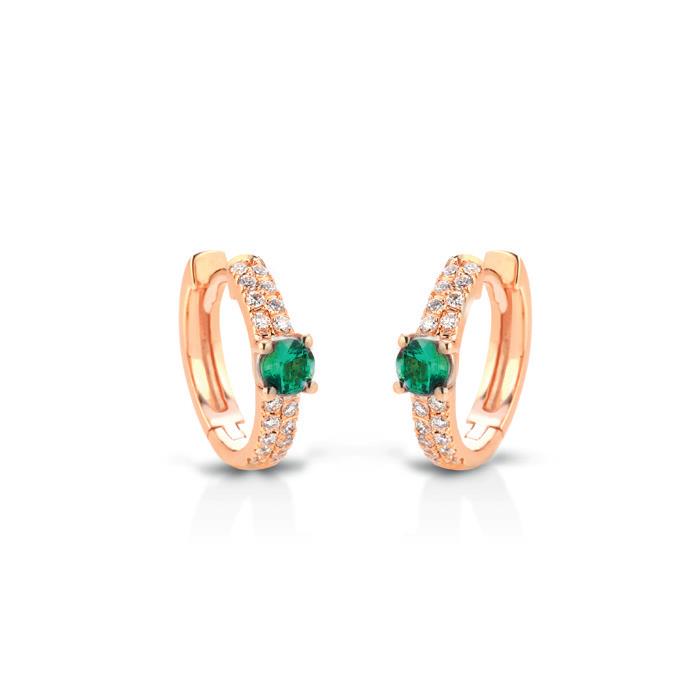 COPPIA ORECCHINI IN ORO ROSA 18KT MM 12 CON DIAMANTI KT 0.22 E SMERALDI KT 0.28 - BUONOCORE