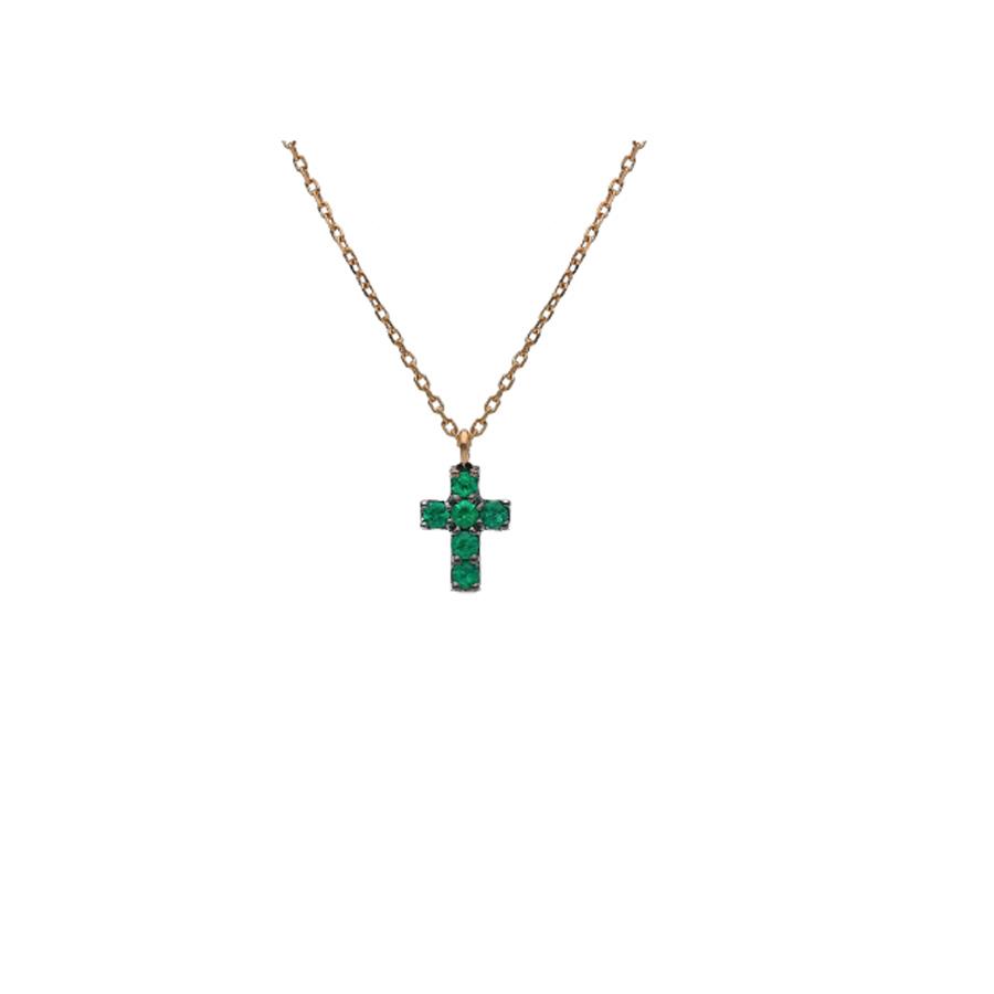 COLLANA ORO ROSA CON CROCE SMERALDI , KT 0.08 - CEDRO