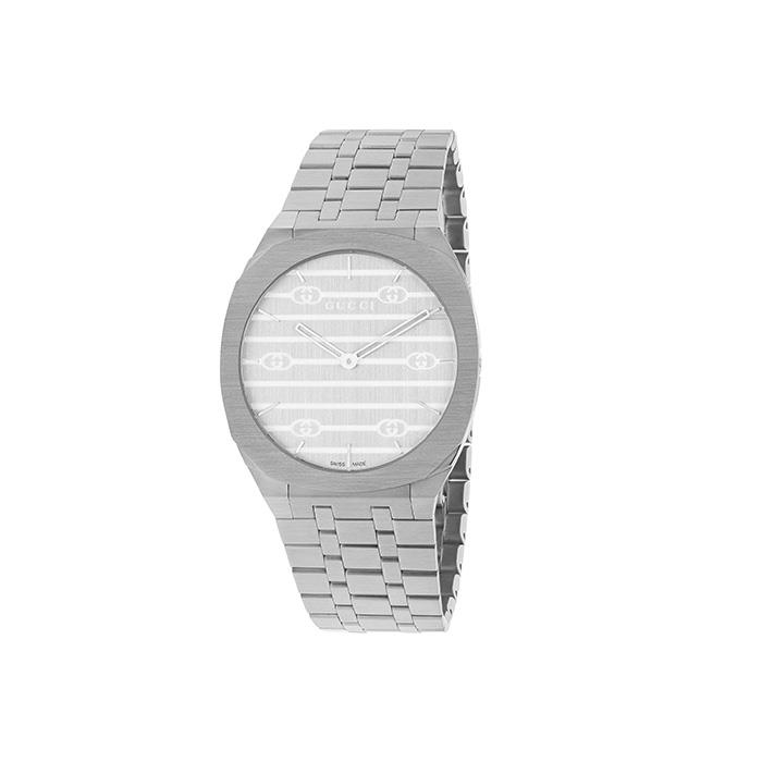 GUCCI 25H - CASSA MULTISTRATO IN ACCIAIO INOSSIDABILE DA 34 MM, QUADRANTE IN OTTONE ARGENTATO CON MOTIVO GG, BRACCIALE A CINQUE MAGLIE IN ACCIAIO INOSSIDABILE - GUCCI TIMEPIECES