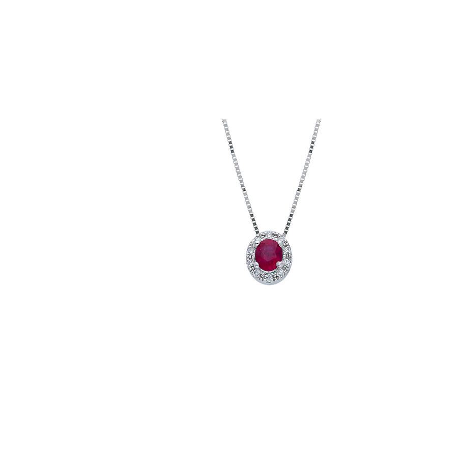 COLLANA ORO BIANCO 18 KT - RUBINO TAGLIO OVALE 0.2 KT E DIAMANTI 0.04 KT - SONGA LJ