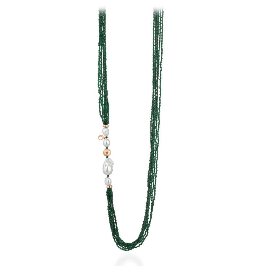COLLANA CON PERLE D’ACQUA DOLCE, AG925 ROSA E SPINELLO VERDE,84/85 - LE LUNE GLAMOUR