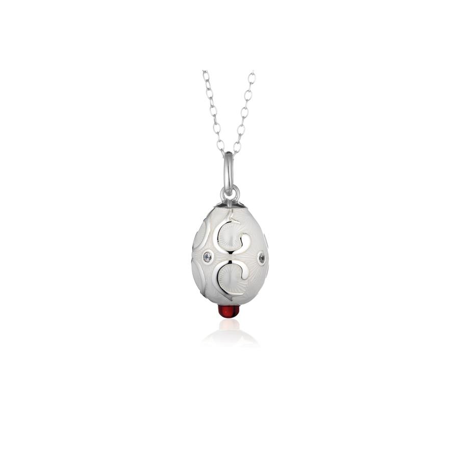 OVETTO PETER CARL EDITION - CIONDOLO SMALTO BIANCO CON CABOCHON ROSSO - COLLANA IN ARGENTO - TSARS COLLECTION