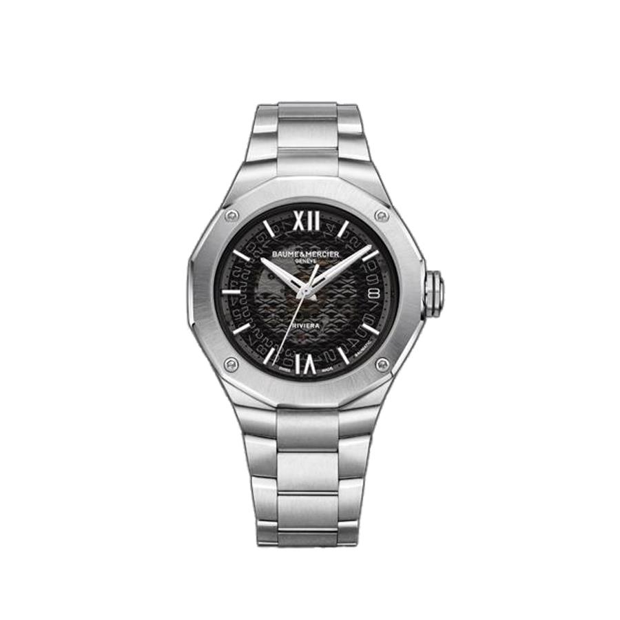OROLOGIO RIVIERA IN ACCIAIO. UOMO, AUTOMATICO BAUMATIC, QUADRANTE GRIGIO TRASPARENTE, CASSA A DODICI LATI, 39 MM - BAUME & MERCIER