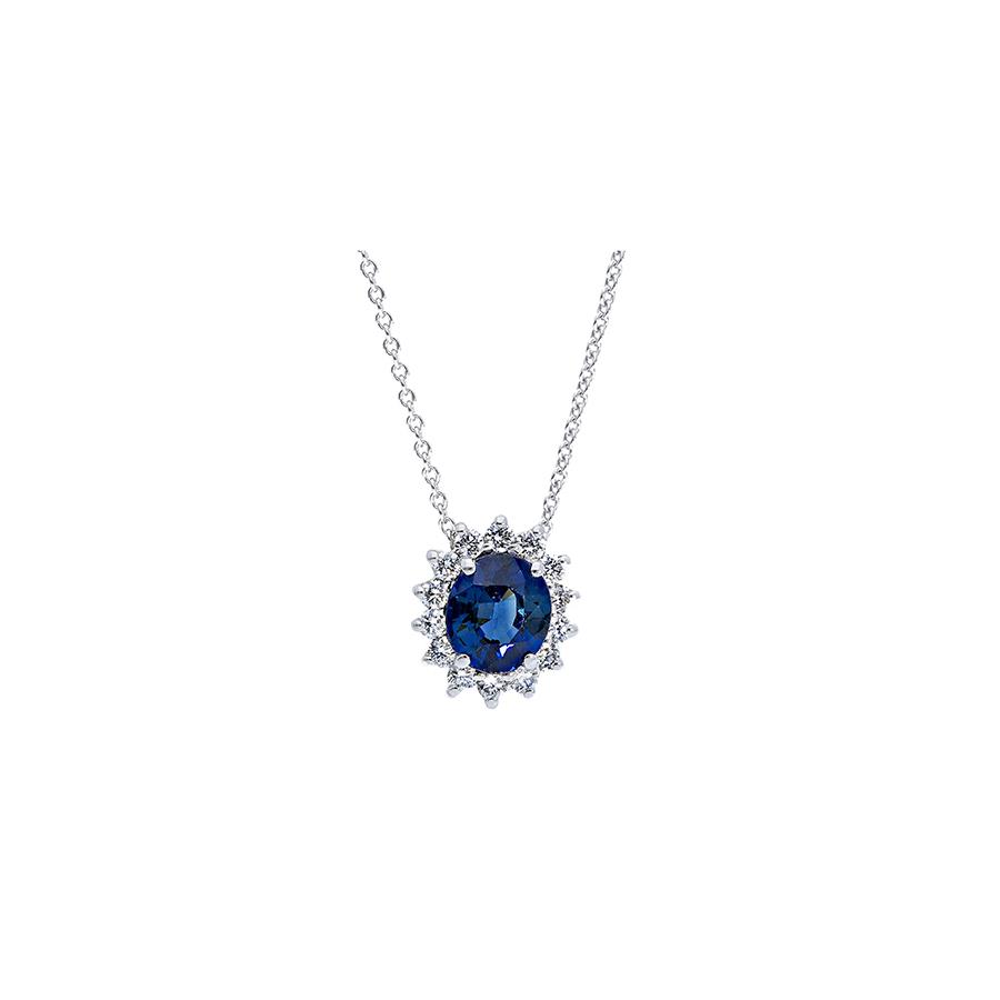 COLLANA ORO BIANCO 18 KT - ZAFFIRO TAGLIO OVALE 0.8 KT E DIAMANTI 0.20 KT - CEDRO