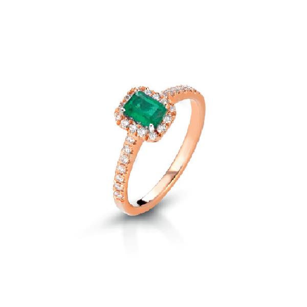 ANELLO IN ORO ROSA 18 KT CON  SMERALDO - CT. 0.70 E DIAMANTI BIANCHI - CT. 0.28 - BUONOCORE
